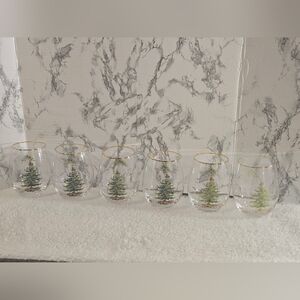 Spode Holiday Tree Stemless Glass Set with Gold Rim Set Of 6